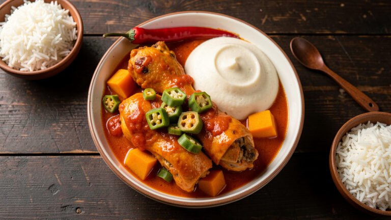 A bowl of Muamba de Galinha, Angolan chicken in a red palm-oil tomato sauce with okra and pumpkin, served with funge