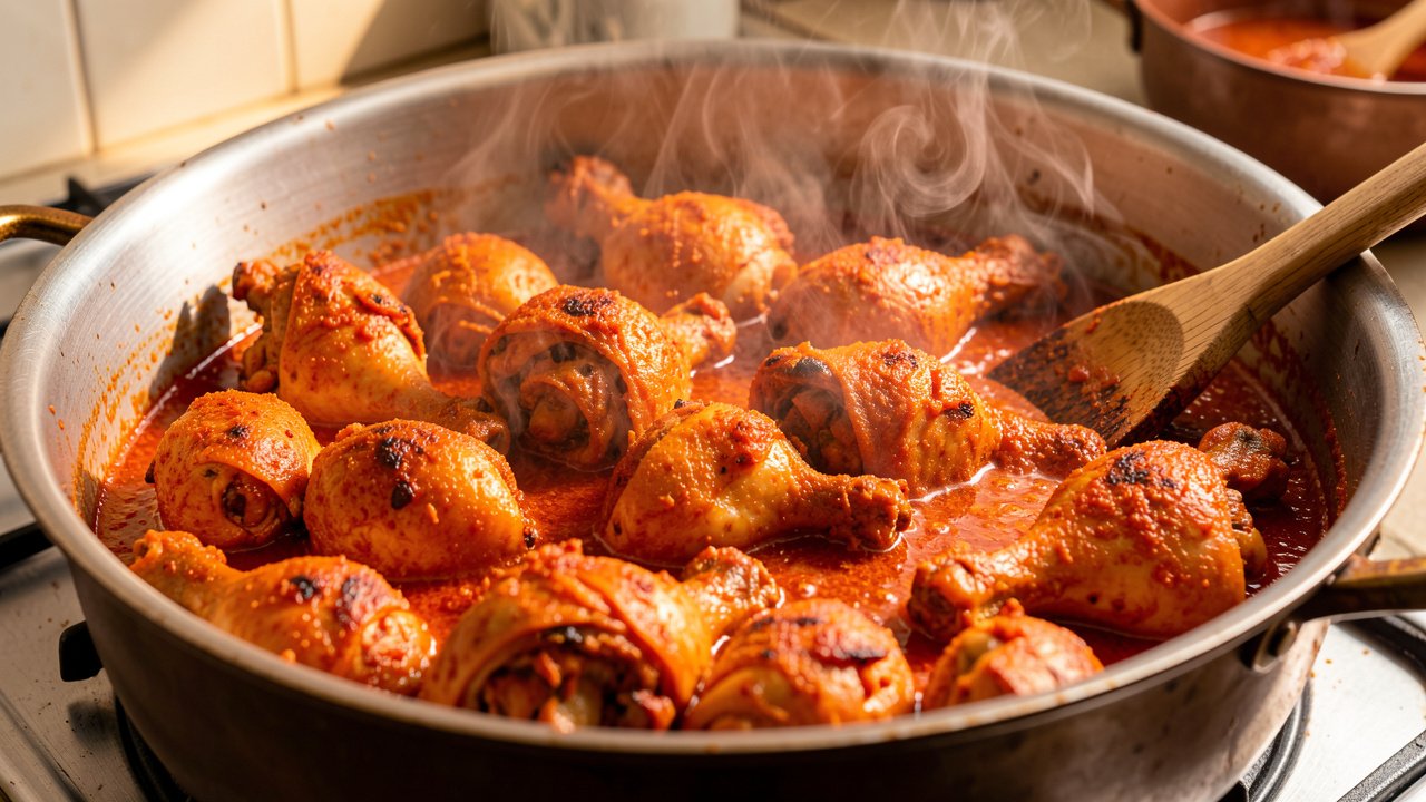 Halal chicken pieces searing in bright orange-red palm oil in a pot