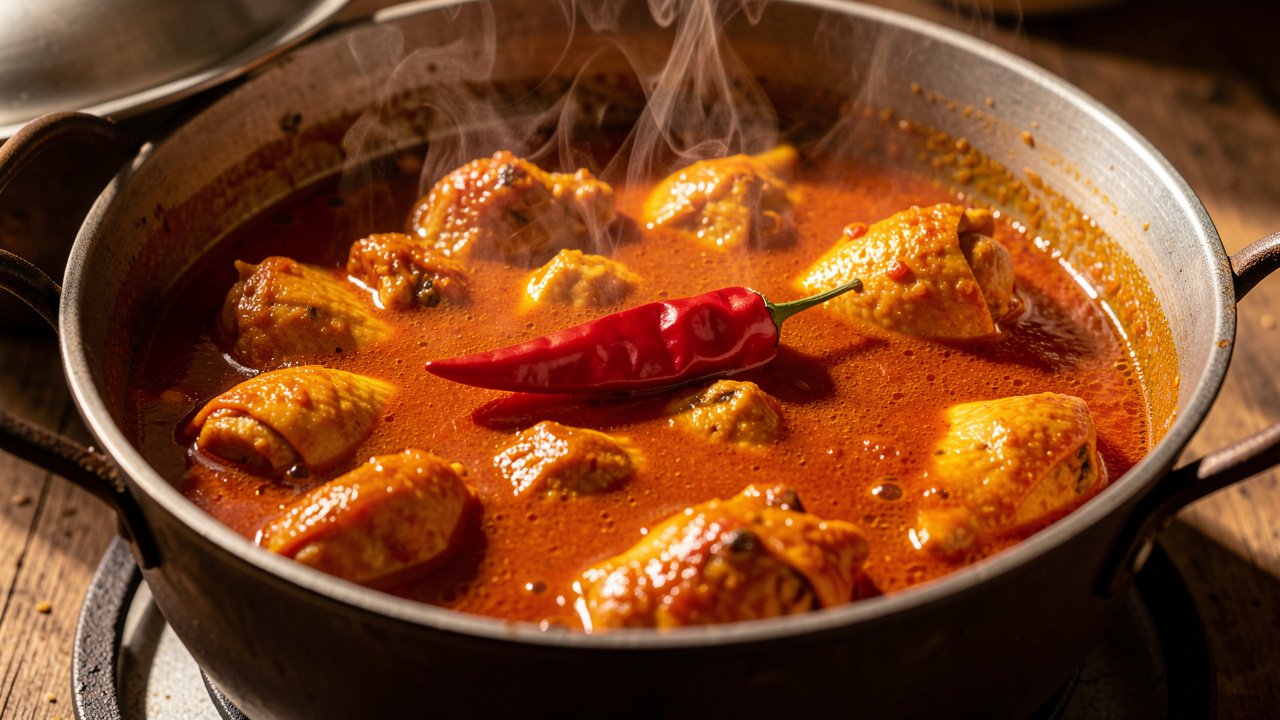Chicken simmering in a deep red palm-oil tomato sauce with a whole jindungo chili on top