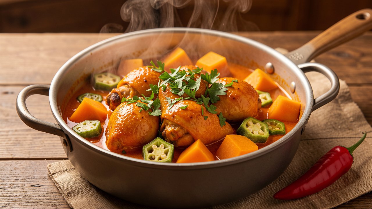 Finished Muamba de Galinha garnished with parsley, with chicken, okra, and pumpkin in a red sauce