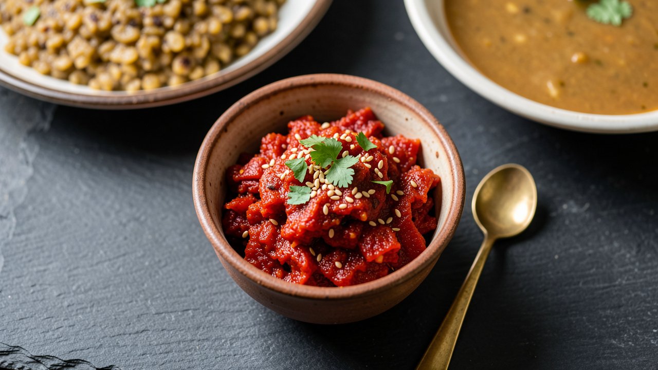 A rustic bowl of Nepali golbheda ko achar flecked with sesame and cilantro, served beside dal bhat
