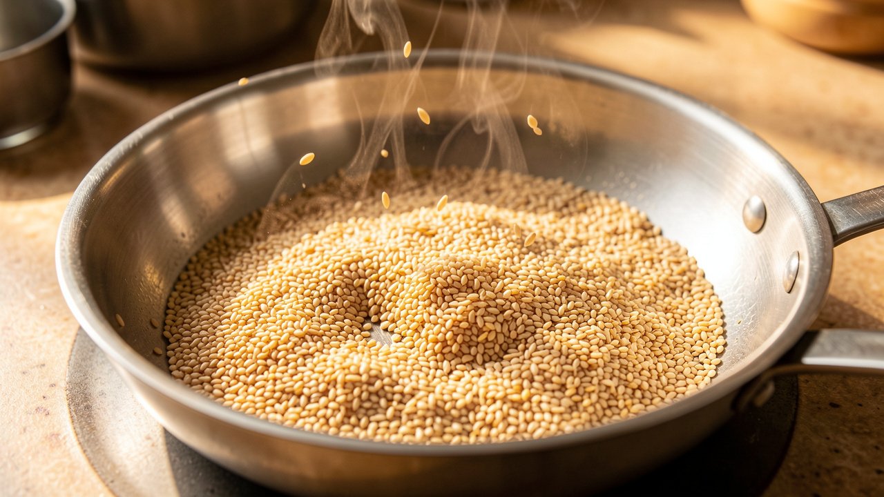White sesame seeds toasting to golden in a small dry pan