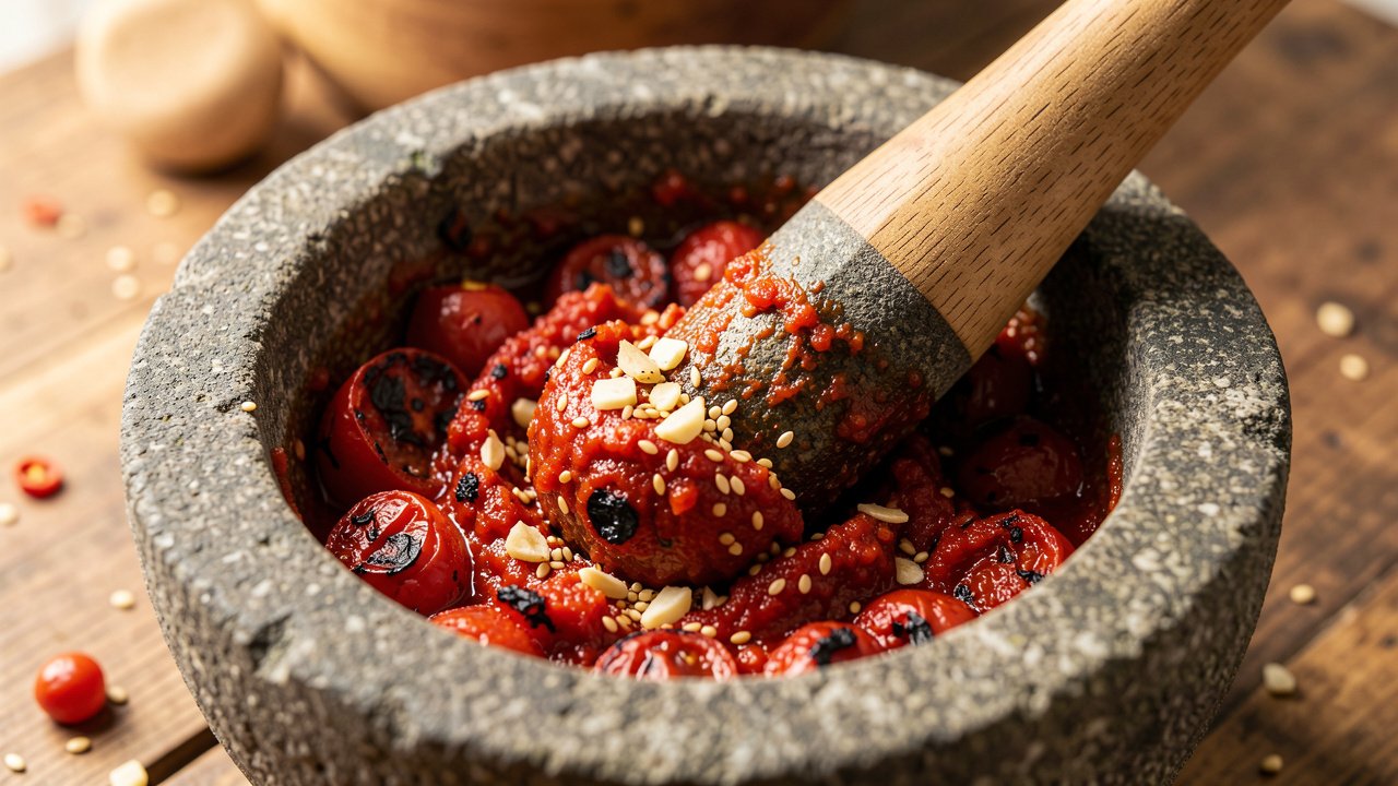 Charred tomatoes ground with sesame and chili into a coarse red chutney in a stone mortar