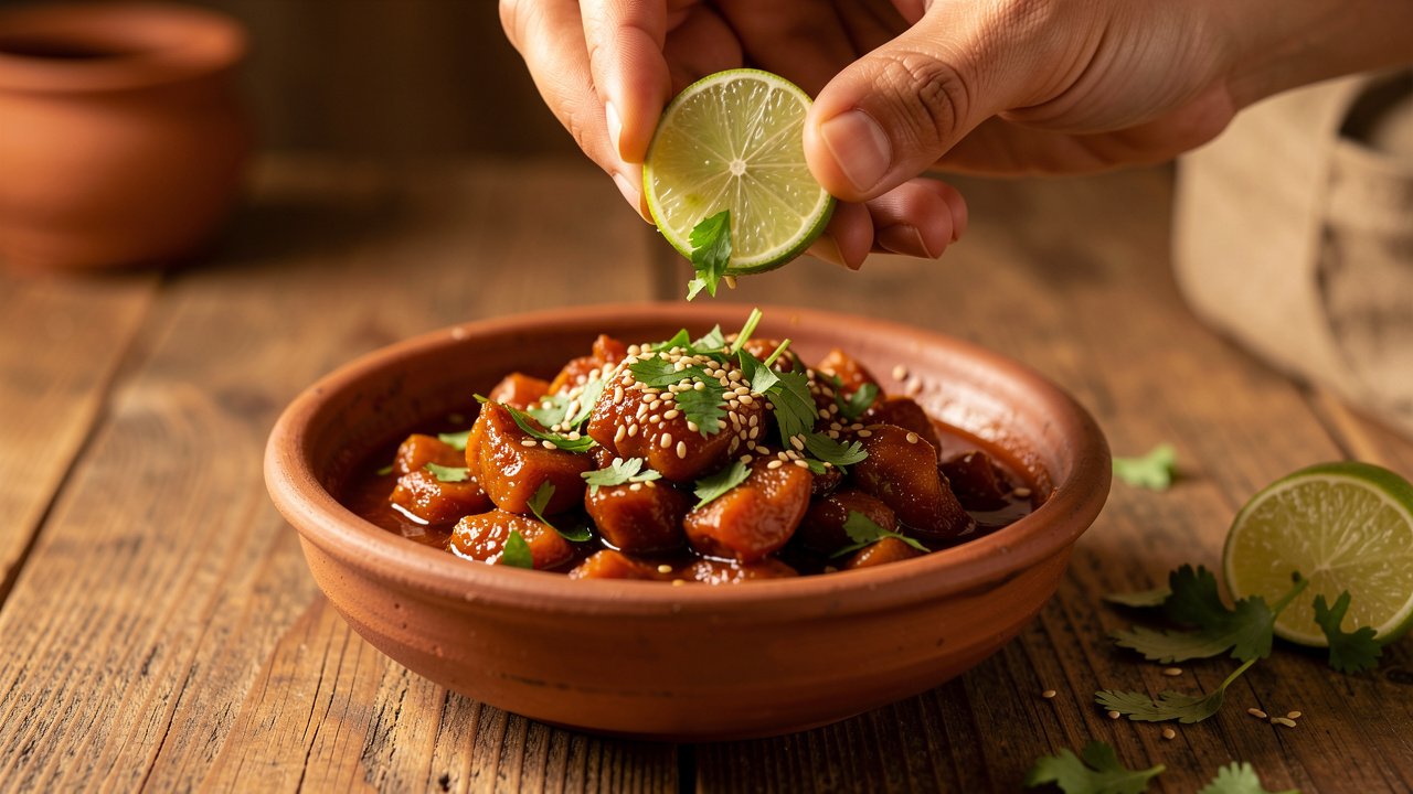 Finished golbheda ko achar garnished with cilantro, lime, and toasted sesame