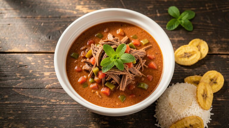 A bowl of Nicaraguan Indio Viejo shredded beef stew garnished with mint, served with rice and fried plantain