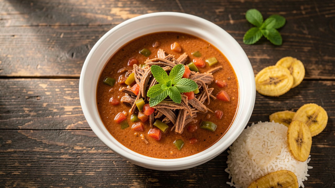 A bowl of Nicaraguan Indio Viejo shredded beef stew garnished with mint, served with rice and fried plantain