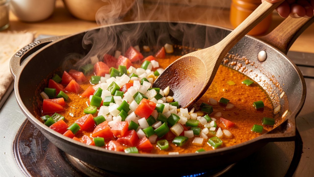 Onion, bell pepper, and tomatoes cooking in orange achiote oil in a skillet