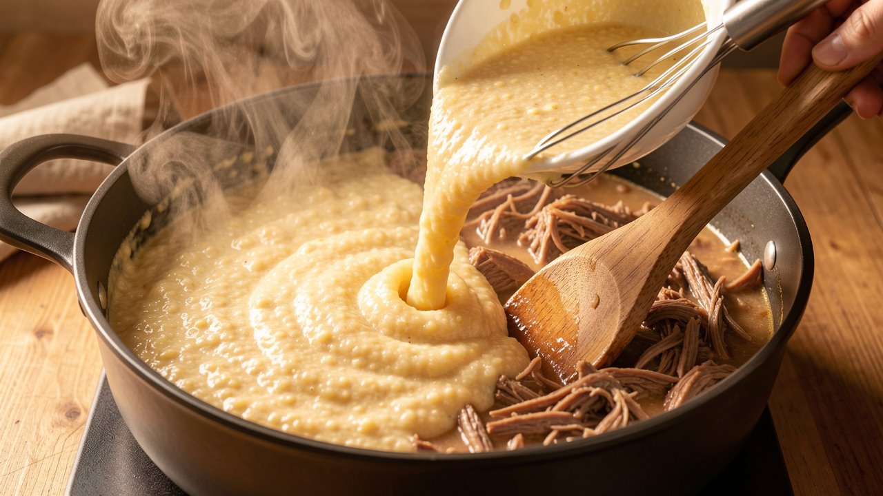Masa slurry being stirred into a pot of shredded beef stew to thicken it