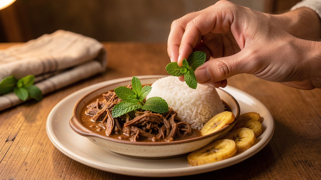 Finished Indio Viejo in a bowl garnished with mint, served with rice and fried plantain