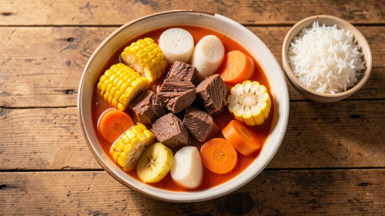 A hearty bowl of Costa Rican olla de carne loaded with beef, corn, cassava, plantain and root vegetables, served with rice