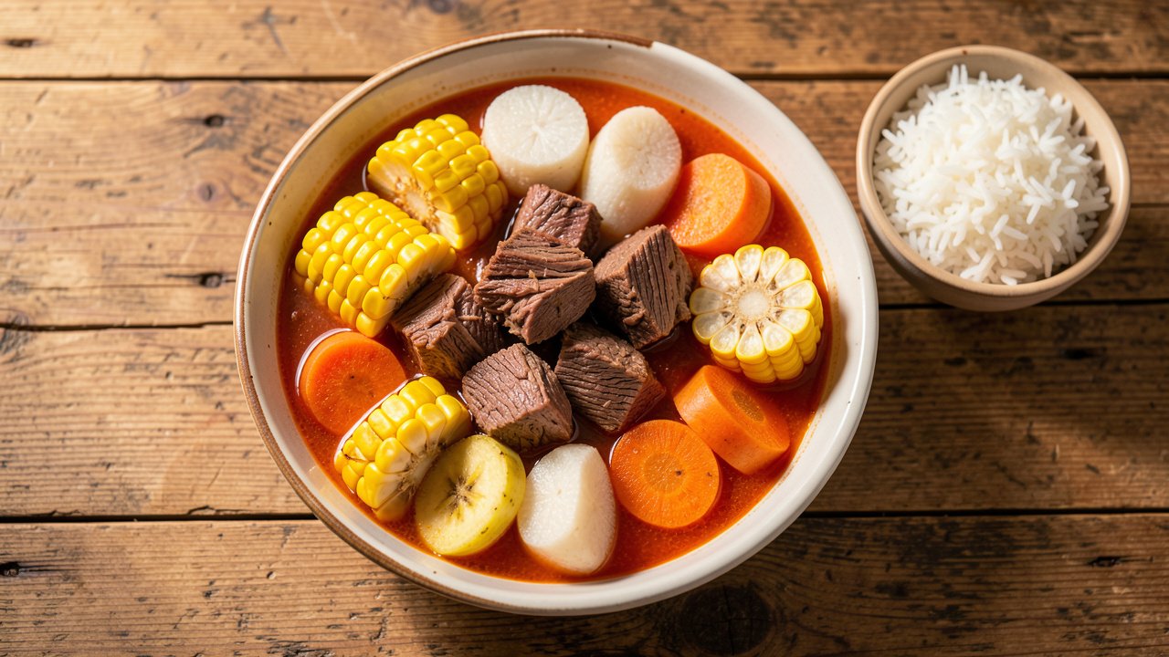 A hearty bowl of Costa Rican olla de carne loaded with beef, corn, cassava, plantain and root vegetables, served with rice