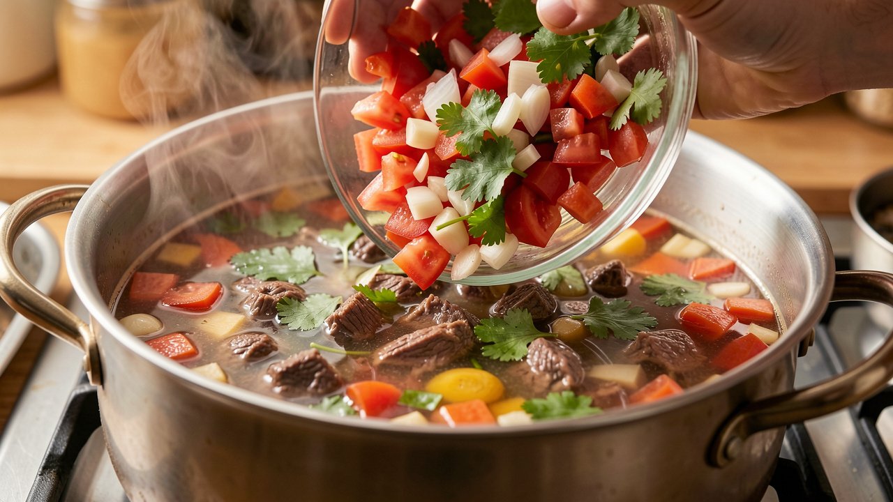 Tomatoes, onion, garlic and cilantro simmering into a beef broth