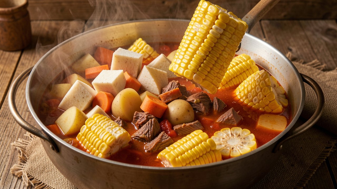 Cassava, carrot, potato and corn added to a beef and tomato broth