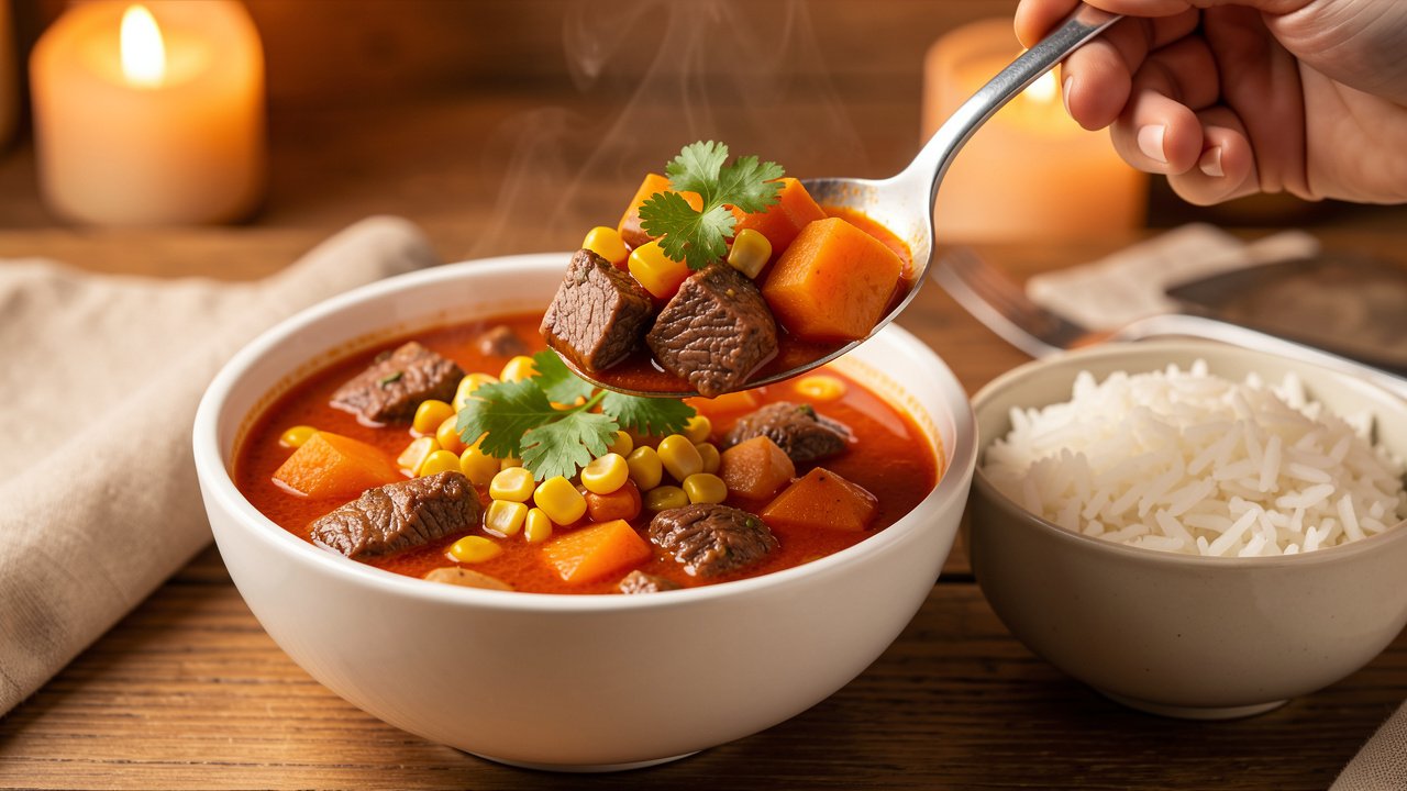 A finished bowl of olla de carne being ladled out, served with white rice