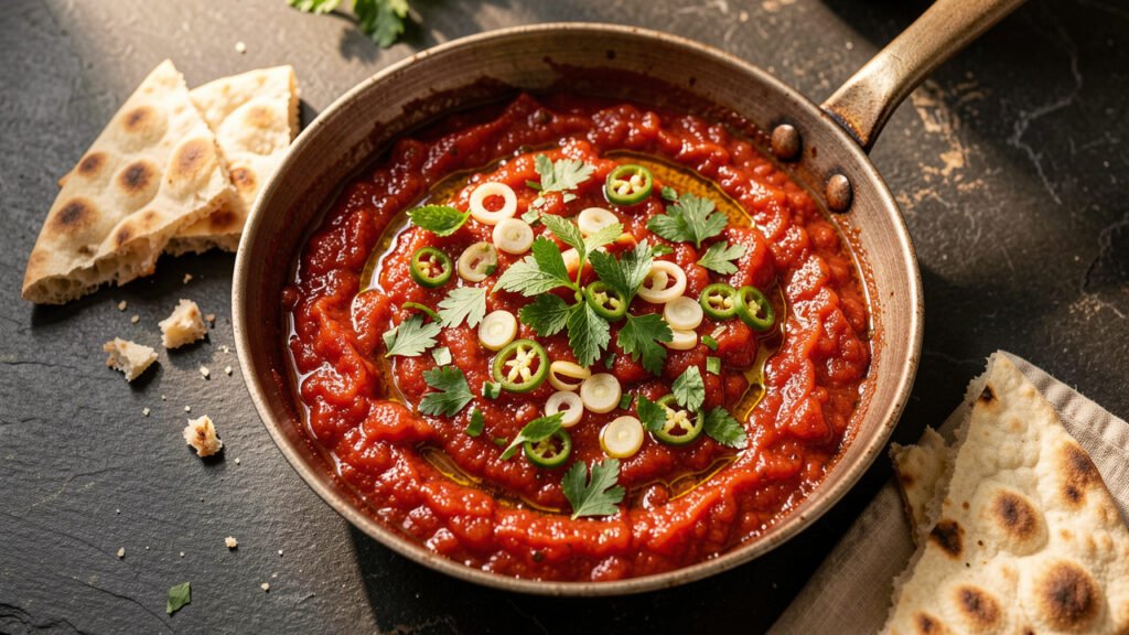 A pan of Palestinian galayet bandora, jammy crushed tomatoes in olive oil topped with fresh herbs, served with warm bread