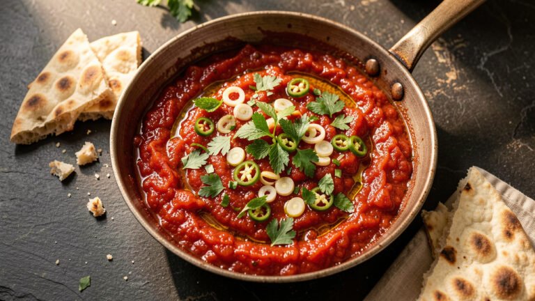 A pan of Palestinian galayet bandora, jammy crushed tomatoes in olive oil topped with fresh herbs, served with warm bread