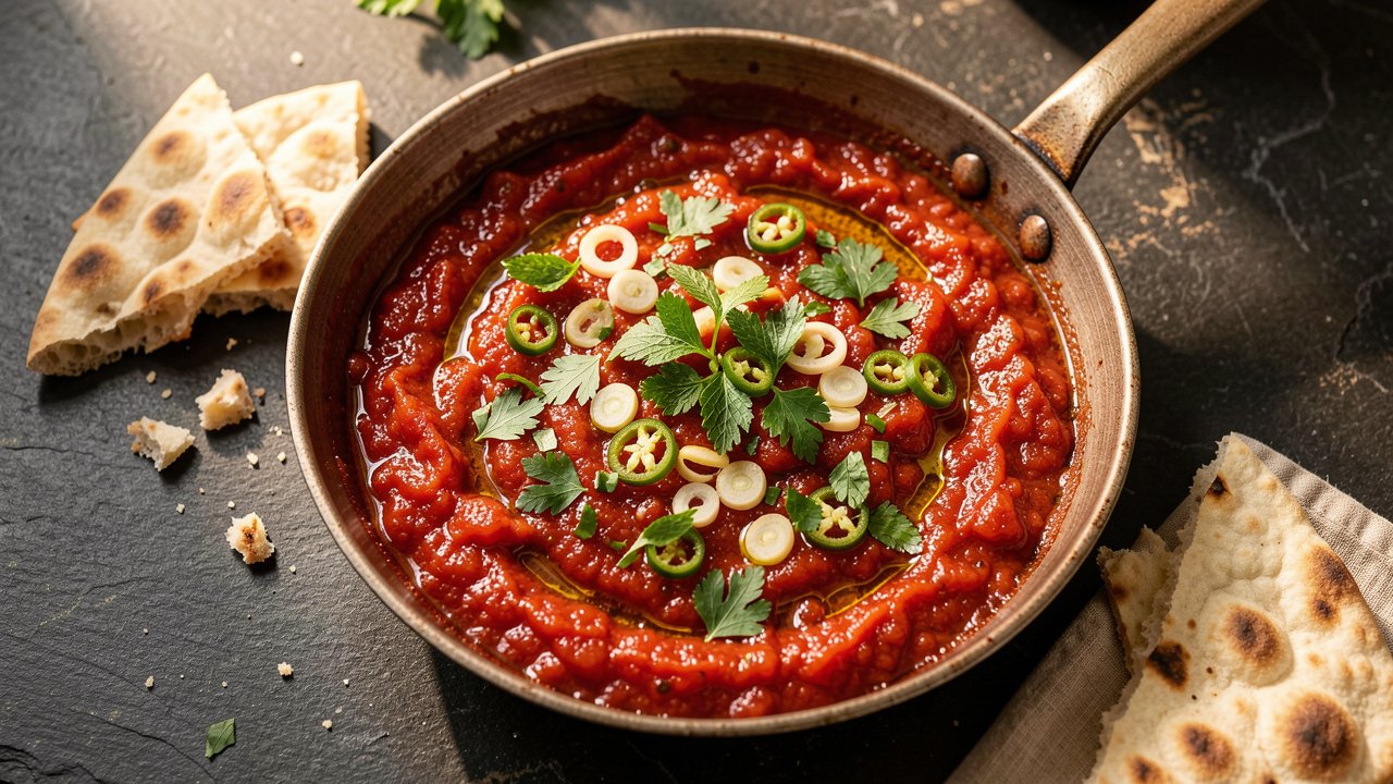 A pan of Palestinian galayet bandora, jammy crushed tomatoes in olive oil topped with fresh herbs, served with warm bread