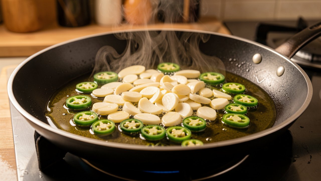 Sliced garlic and green chili blooming in olive oil in a skillet