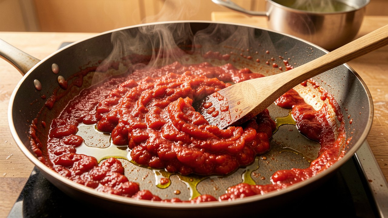 Crushed tomatoes cooked down into a thick jammy saute with oil separating at the edges