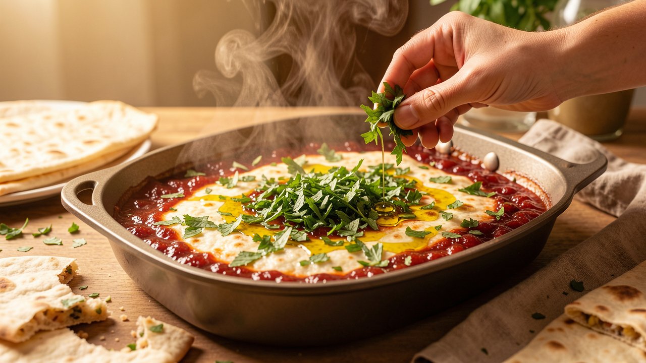 Finished galayet bandora garnished with fresh parsley and mint and a drizzle of olive oil