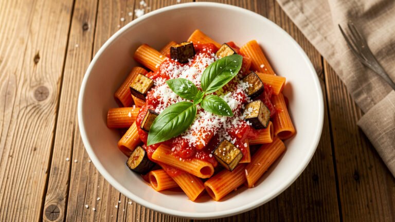 A bowl of pasta alla norma with fried eggplant, tomato sauce, basil, and grated ricotta salata
