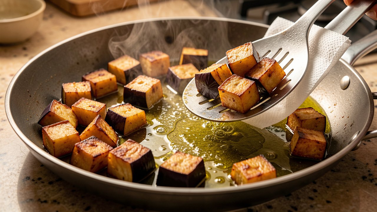 Golden fried eggplant cubes being lifted from hot oil with a slotted spoon