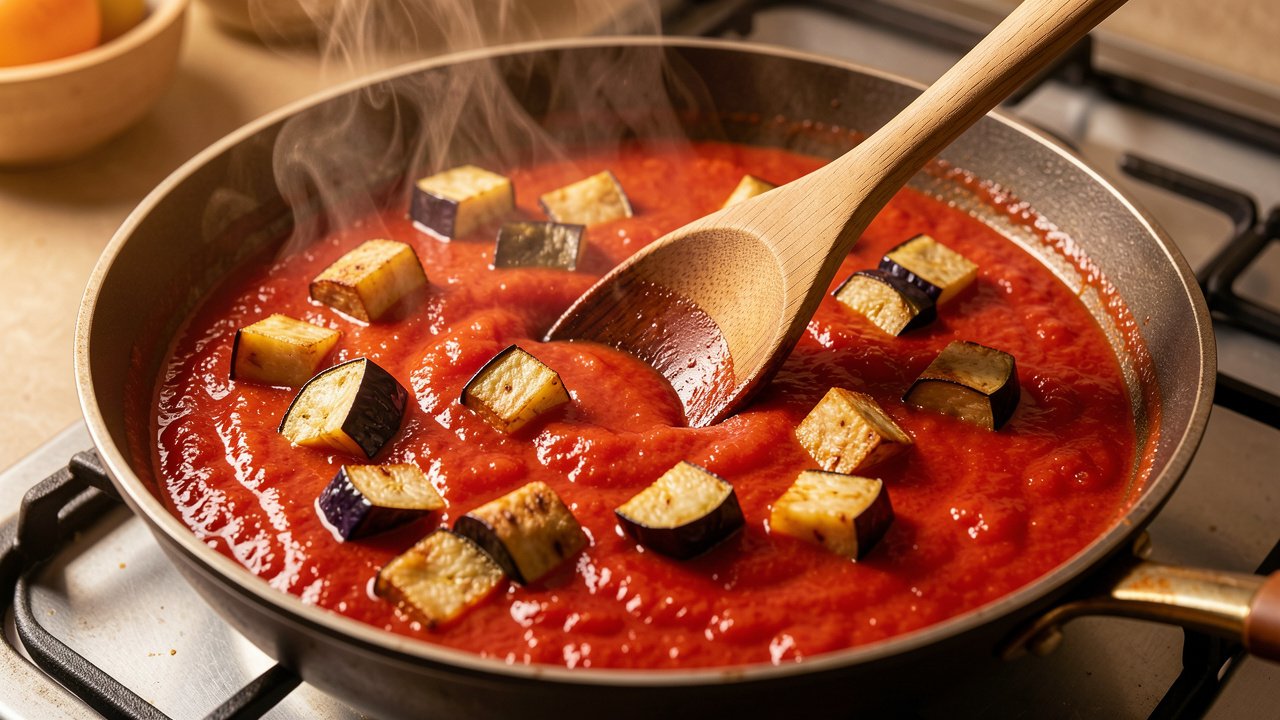 Tomato sauce simmering with fried eggplant folded in