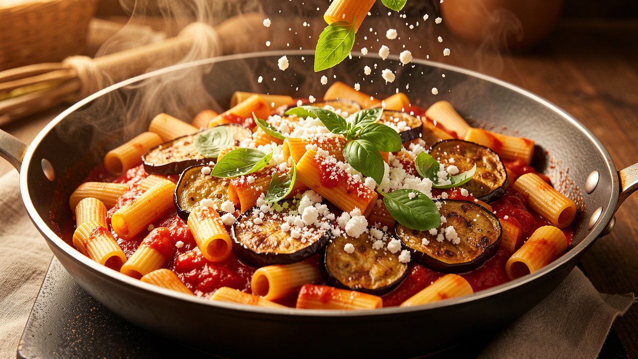 Rigatoni tossed with tomato sauce and eggplant, topped with basil and grated ricotta salata