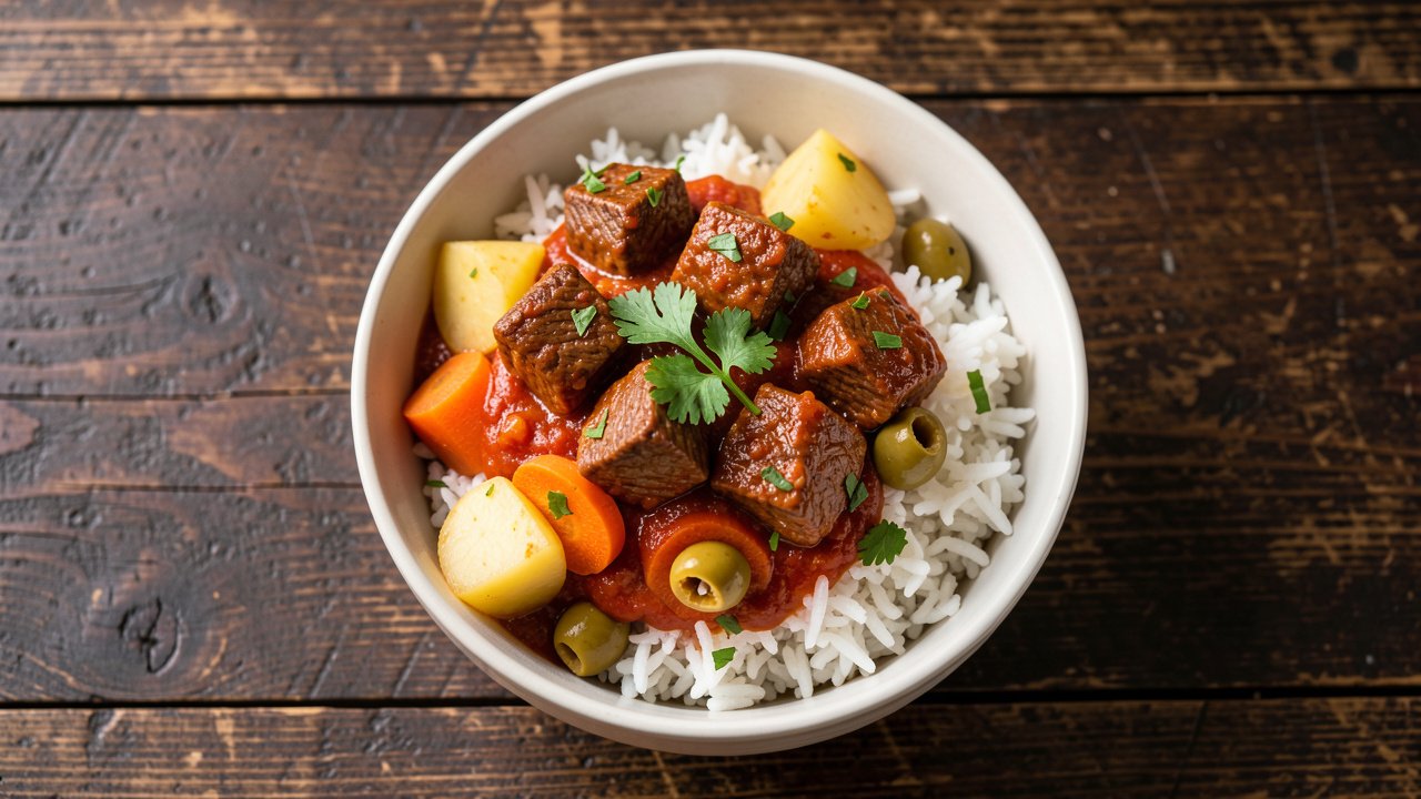 A bowl of Puerto Rican carne guisada with tender beef, potato, and olives served over white rice