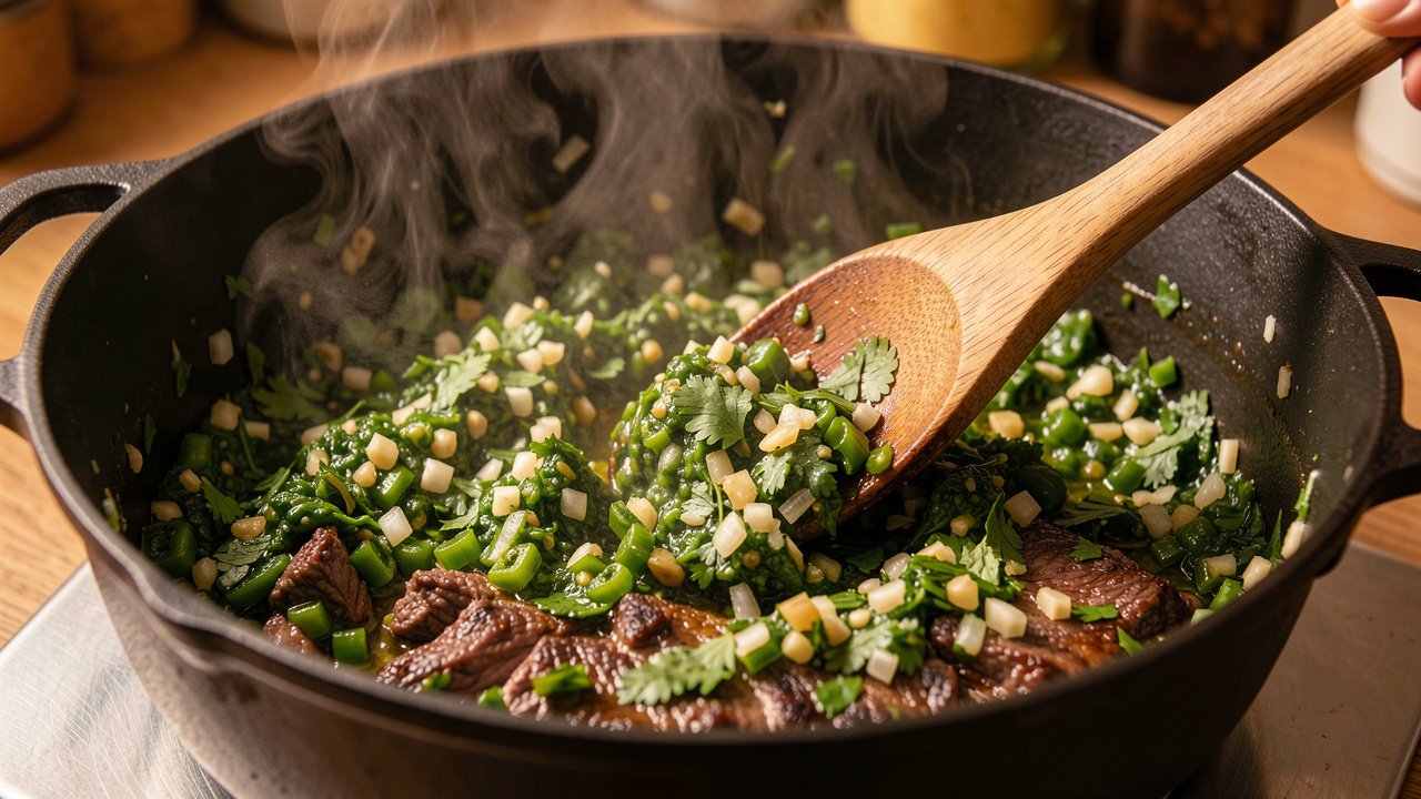 Sofrito cooking down in a pot with browned beef bits at the bottom