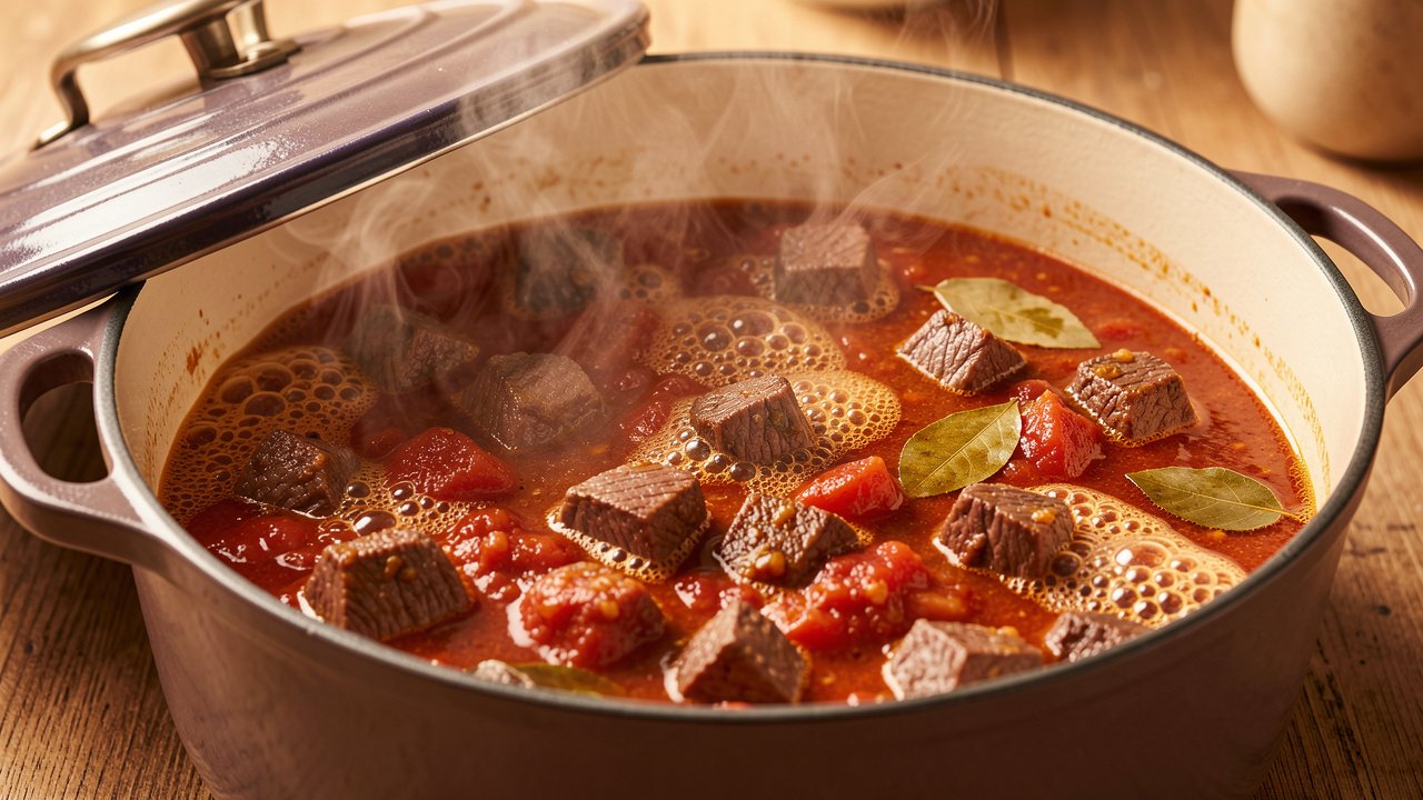 Beef braising in a red-brown gravy in a Dutch oven