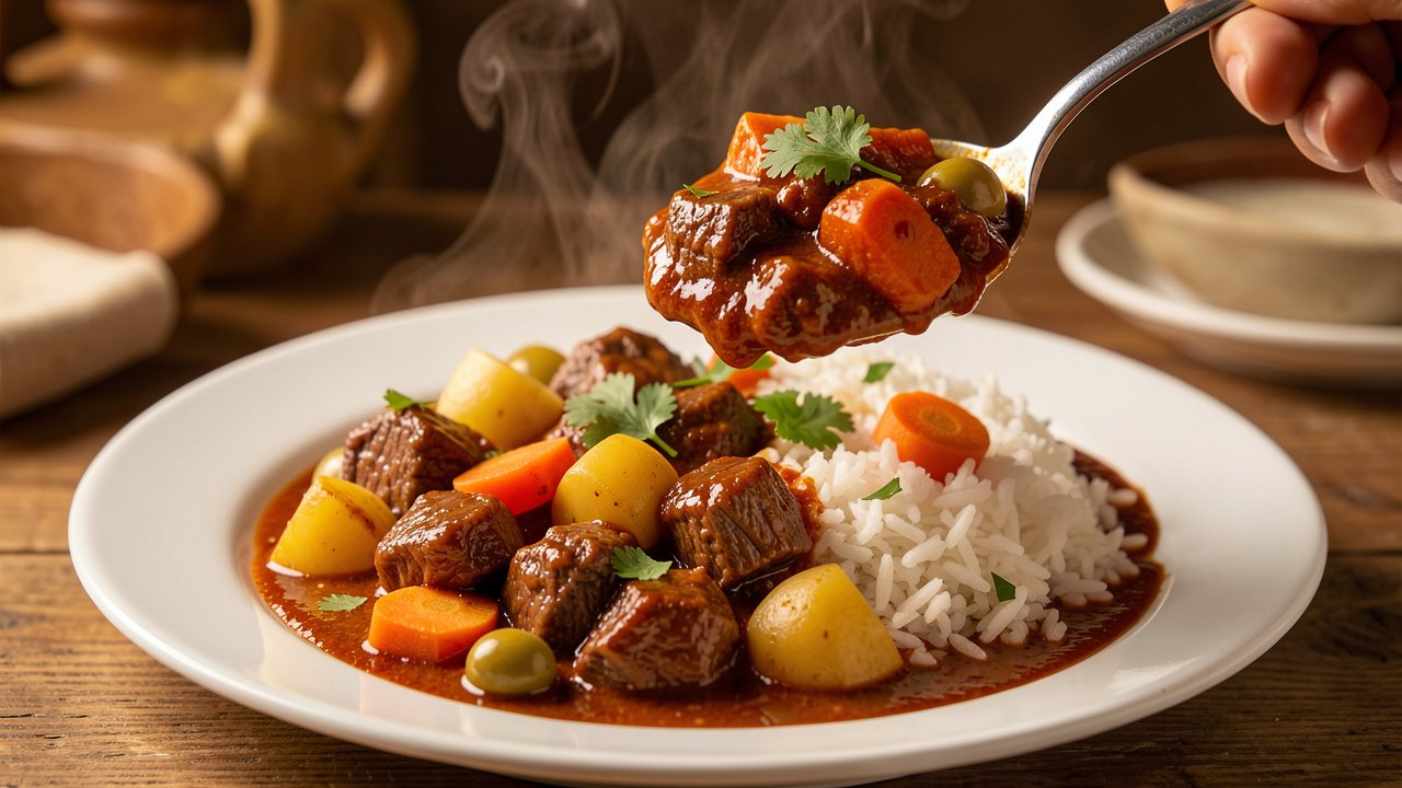 Carne guisada being ladled over white rice and garnished with cilantro