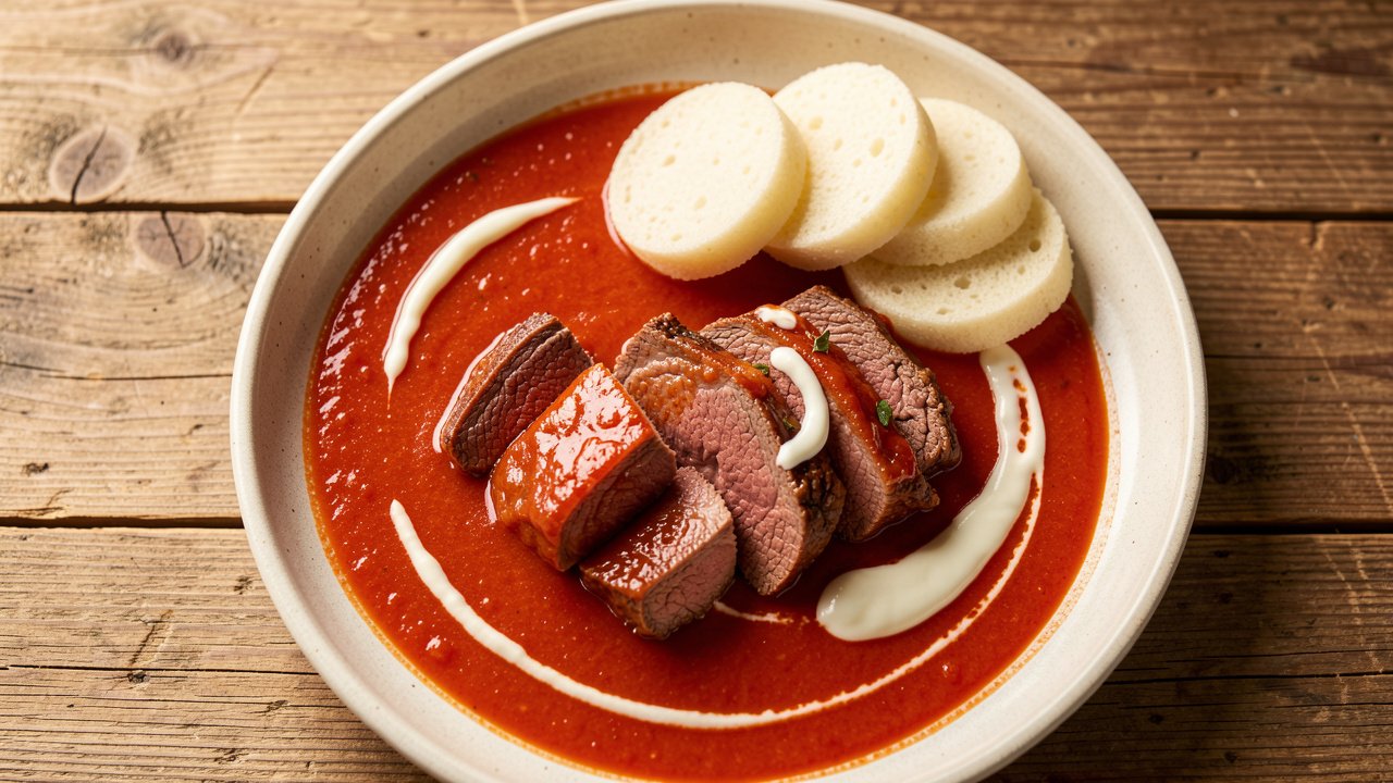 Slices of tender halal beef in a glossy sweet-sour tomato sauce served with Czech bread dumplings