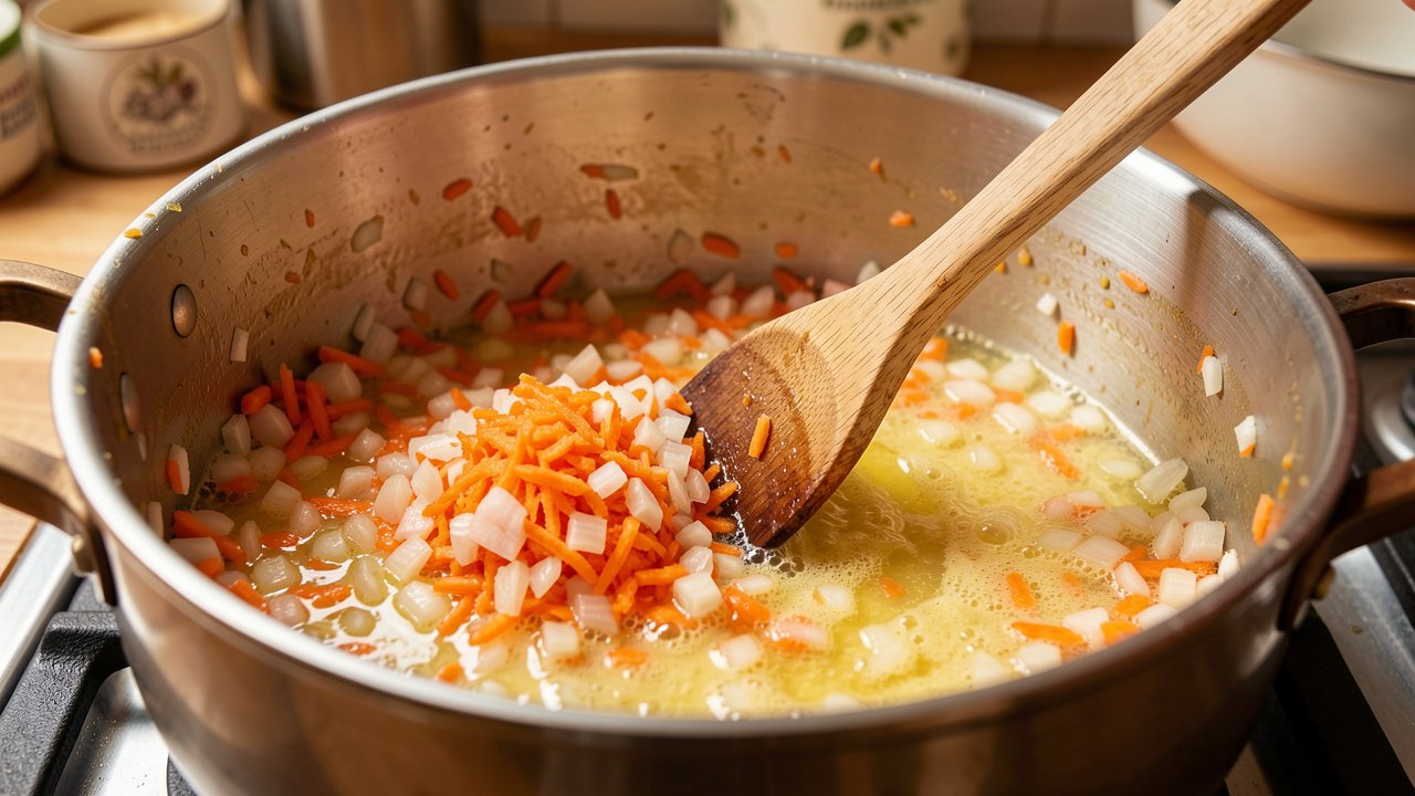 Chopped onion and grated carrot softening in butter in a heavy pot