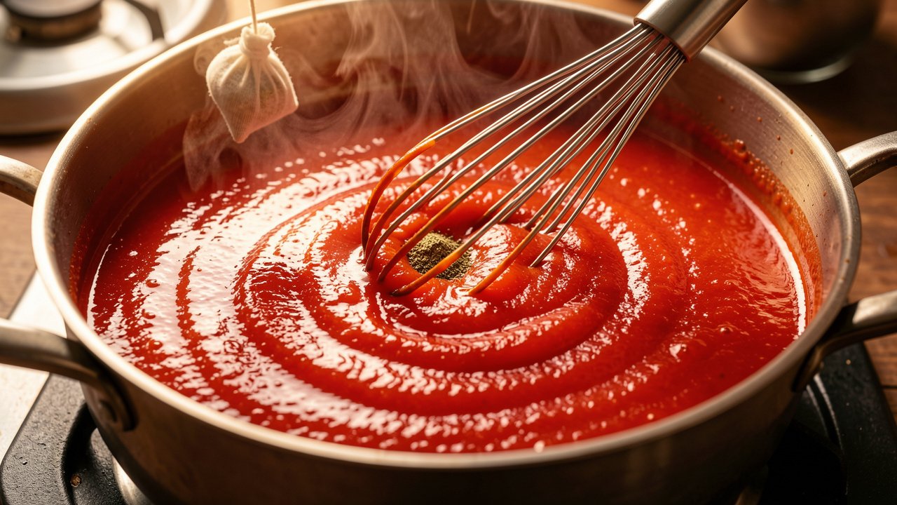 Smooth glossy sweet-sour tomato sauce being whisked in a pot with a spice bundle