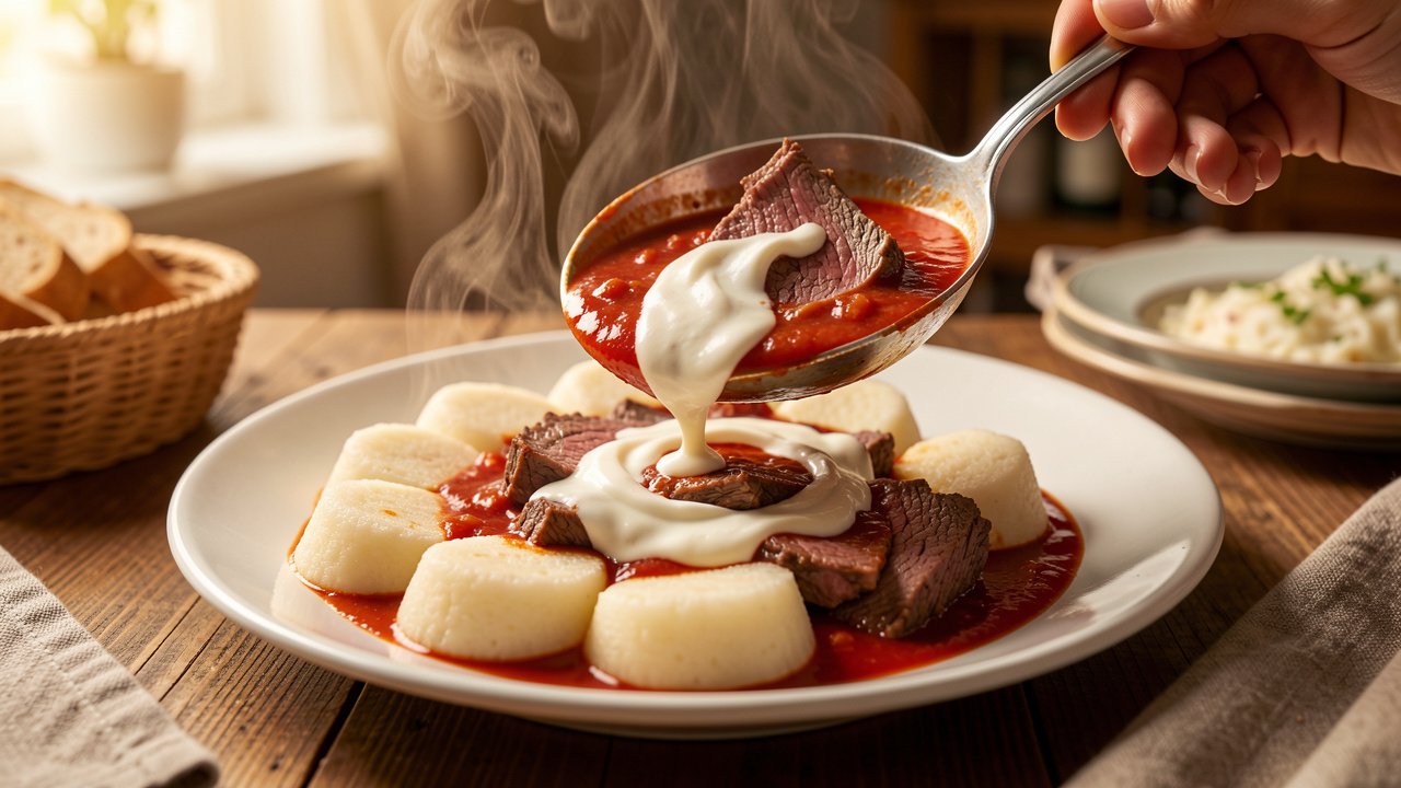 Finished rajska omacka ladled over bread dumplings with a swirl of cream