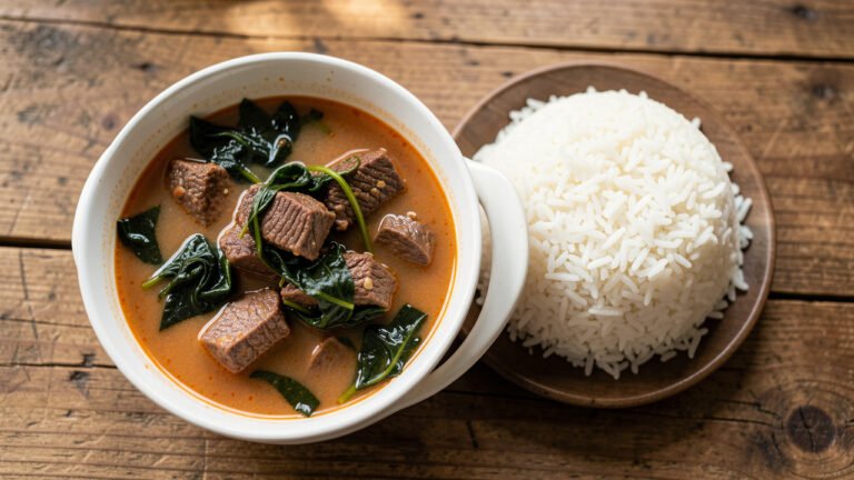 A bowl of romazava, a brothy Malagasy beef and leafy-greens stew, served over steamed white rice