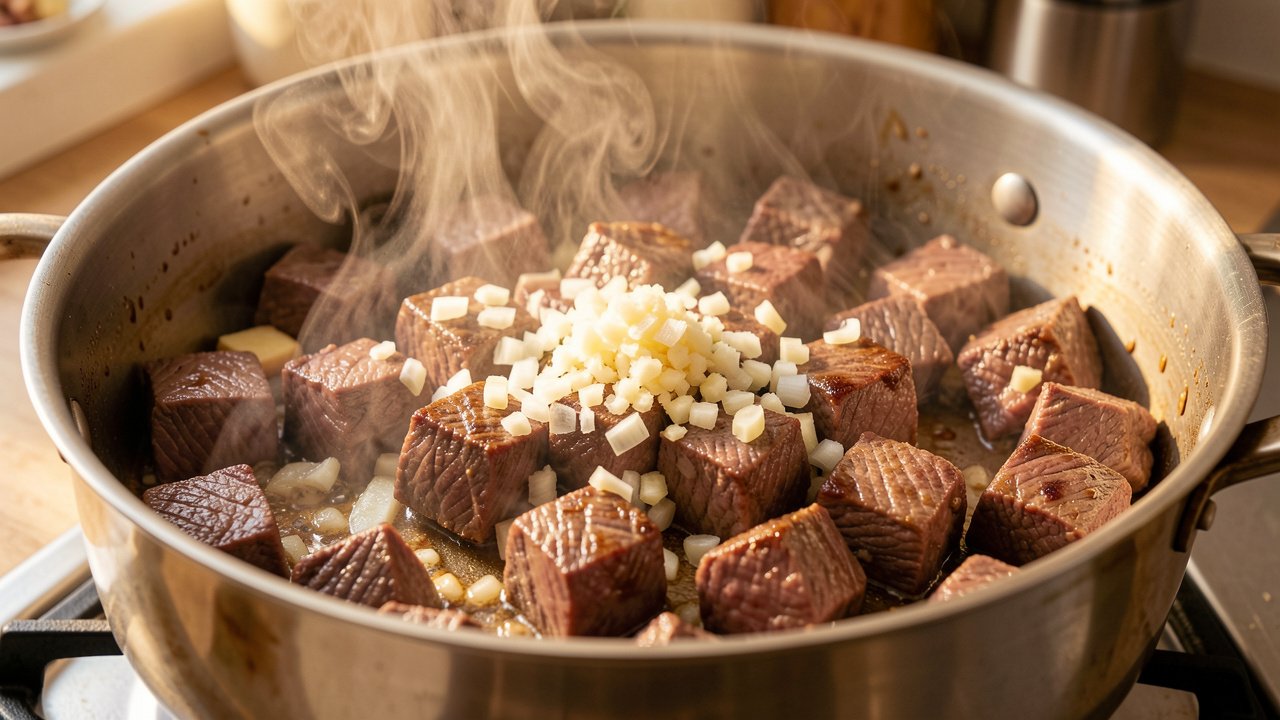 Halal beef cubes searing with onion, garlic, and ginger in a large pot