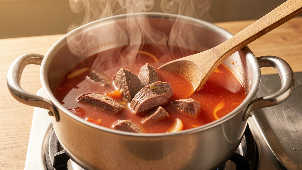 A pot of tomato-ginger broth simmering with tender halal beef