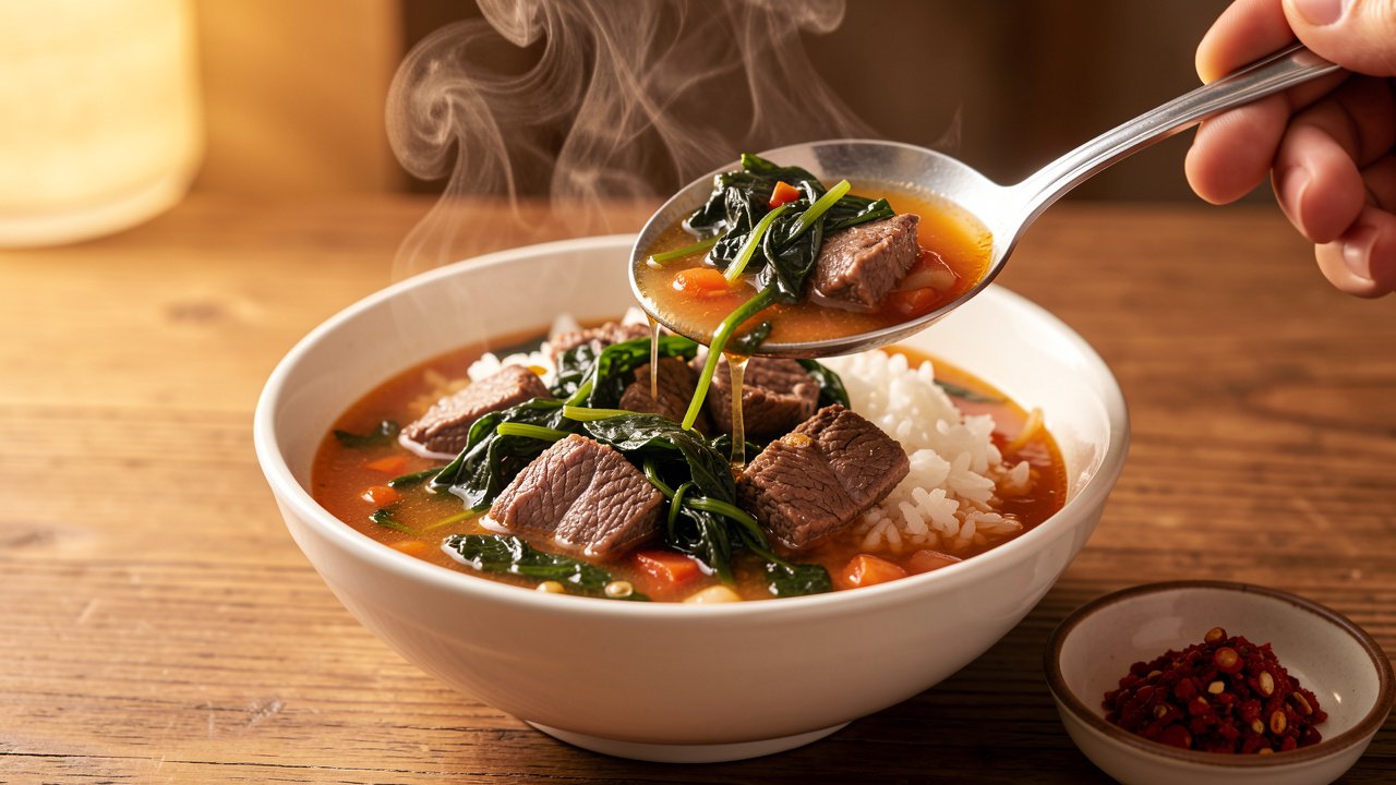 Romazava being ladled over steamed white rice with beef and greens in a clear broth