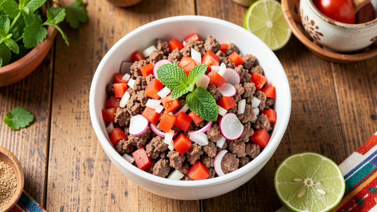 A bright bowl of Salvadoran salpicon with minced beef, diced tomato, radish, and mint, lime wedges alongside