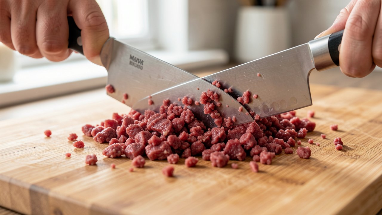Cold cooked halal beef being chopped into a fine mince on a wooden board