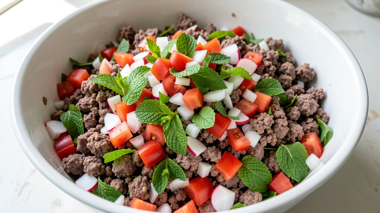 Minced beef tossed with diced tomato, radish, onion, and chopped mint in a bowl