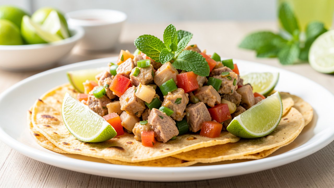 Cold Salvadoran salpicon served on crisp tostadas with lime wedges and fresh mint