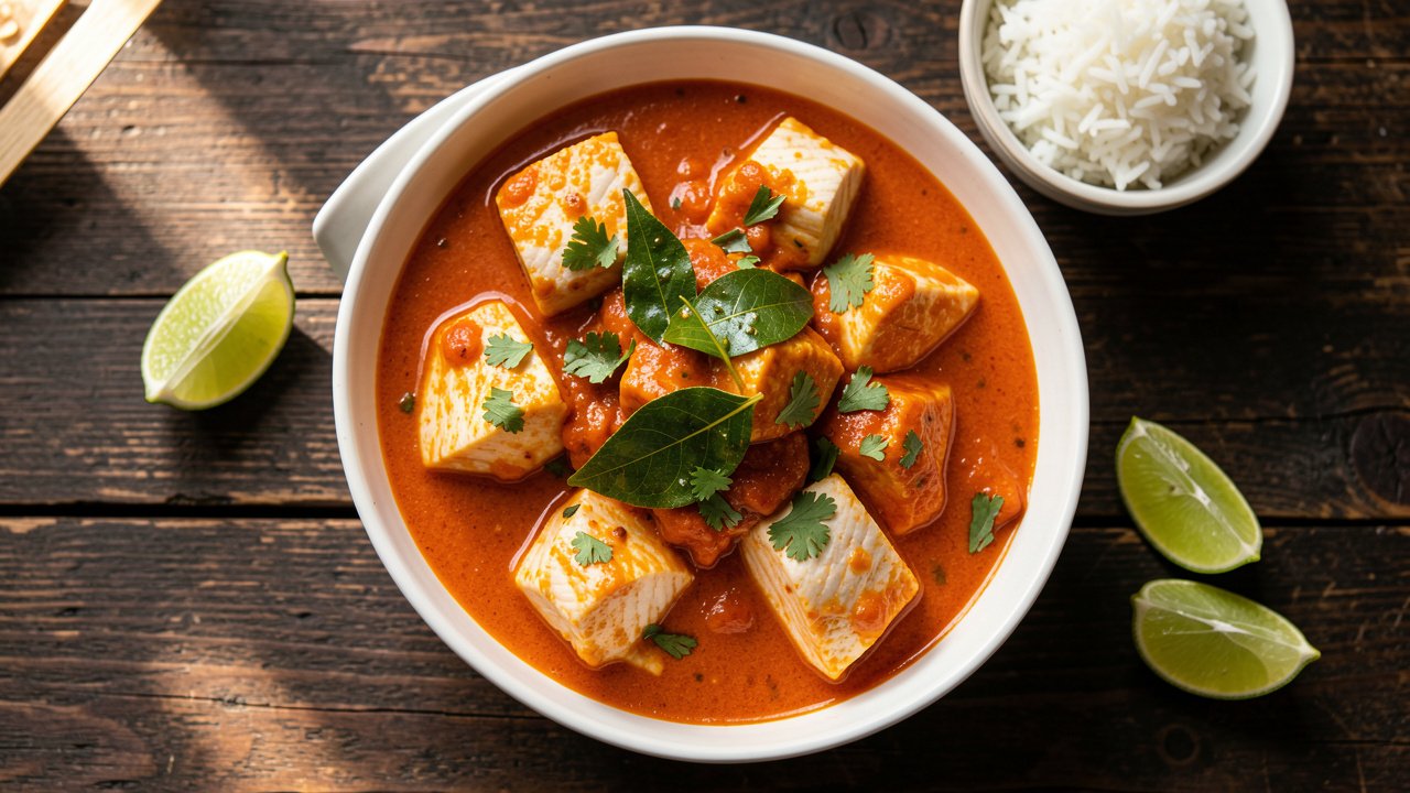 A bowl of Seychellois fish curry with firm white fish in tomato coconut sauce, topped with curry leaves, served with rice