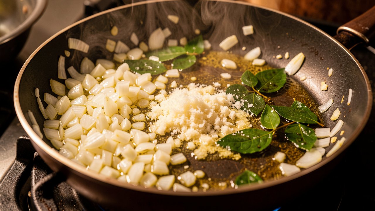 Onion, garlic, ginger, and curry leaves softening in a pan