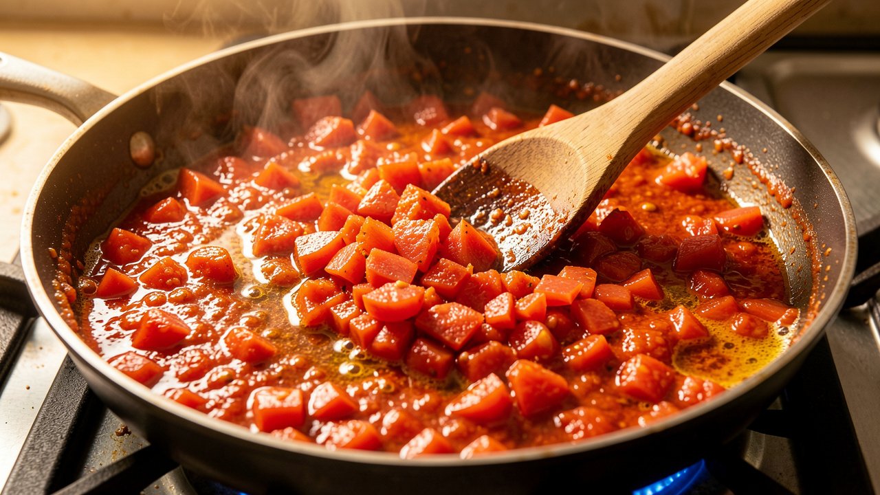 Tomatoes cooking down into a thick jammy spiced base in a pan
