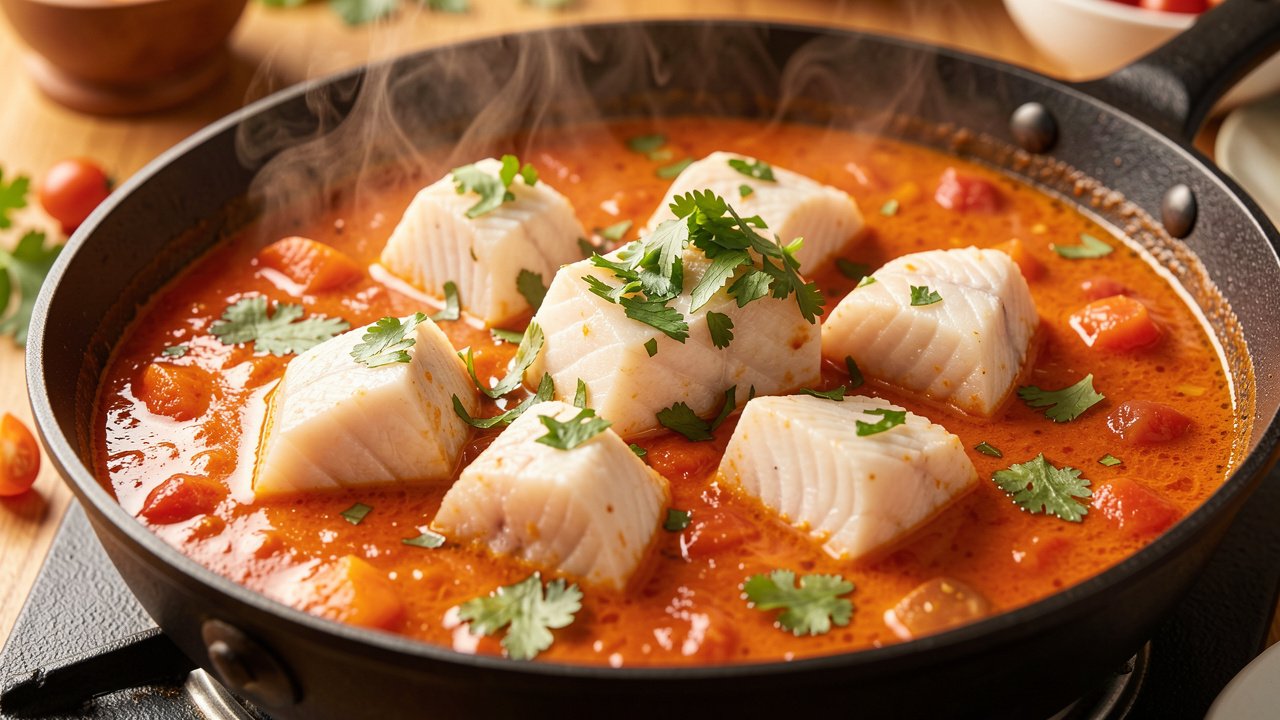 Firm white fish poaching in tomato coconut curry, garnished with cilantro