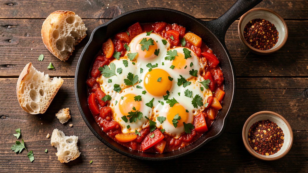 A skillet of shakshuka with eggs poached in spiced tomato sauce, topped with fresh herbs and served with bread