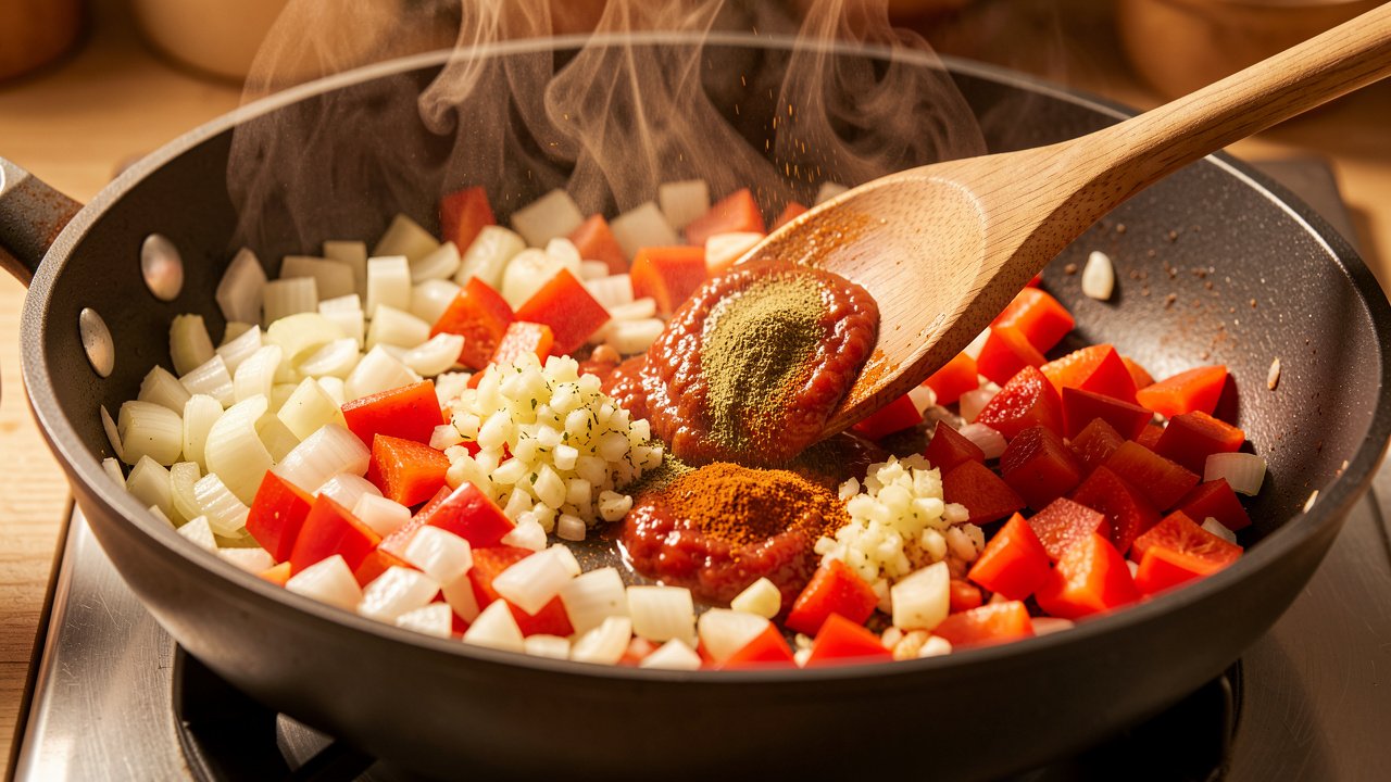 Onions, peppers, garlic and spices blooming in a skillet with tomato paste